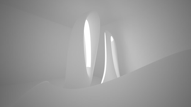 Intérieur architectural blanc abstrait à partir d'un tableau de sphères avec de grandes fenêtres illustration 3D