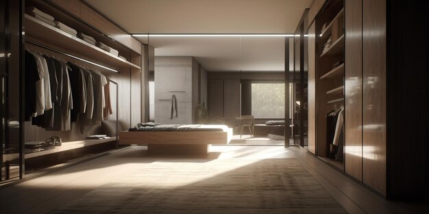 L'intérieur de l'armoire avec des meubles en bois dans une maison moderne