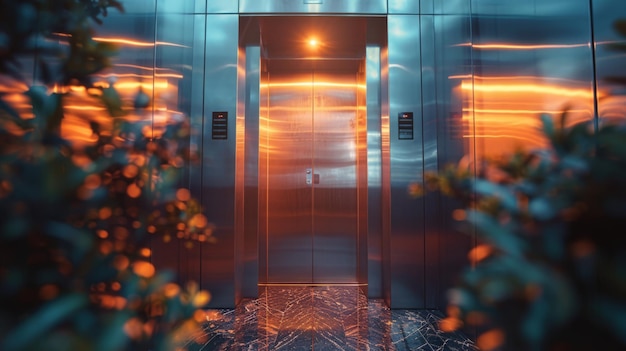 L'intérieur d'un ascenseur moderne avec des murs métalliques réfléchissants et un éclairage chaud