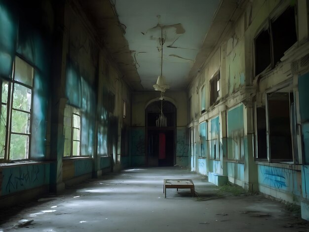 Photo À l'intérieur d'un asile abandonné, les lumières clignotantes jettent l'éerie.