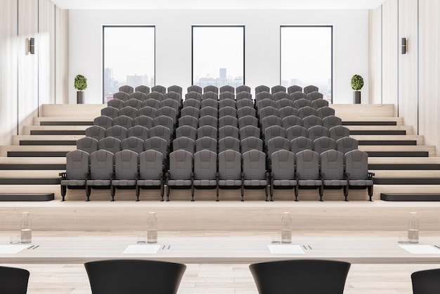 Intérieur de l'auditorium en bois clair avec vue sur la ville et rendu 3D à la lumière du jour