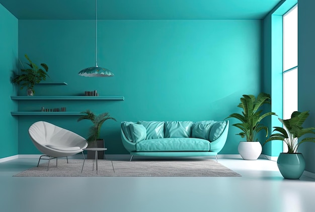 intérieur aux murs turquoise dans le style des textiles minimalistes