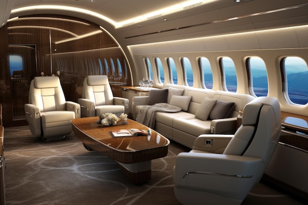 L'intérieur d'un avion privé avec des sièges et des fauteuils 3D rendant l'intérieur d'un avion privé de luxe exhalant élégance et confort