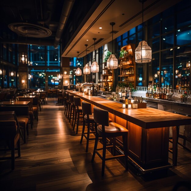 Intérieur de bar moderne avec des chaises vides au comptoir