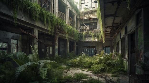 L'intérieur d'un bâtiment abandonné avec des plantes qui en sortent