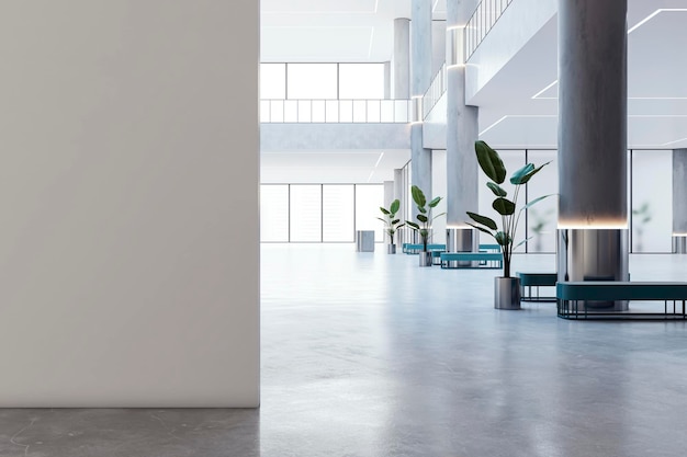 Un intérieur de bâtiment de bureaux moderne avec un espace vide avec un design minimal et des plantes en pot sur un fond clair concept d'architecture moderne 3D Rendering