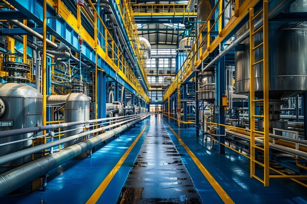 Photo l'intérieur d'un bâtiment industriel moderne avec des tuyaux bleus et jaunes et des passerelles