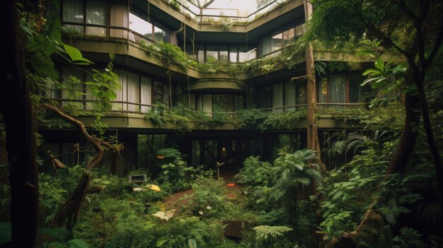 L'intérieur d'un bâtiment avec des plantes et des arbres