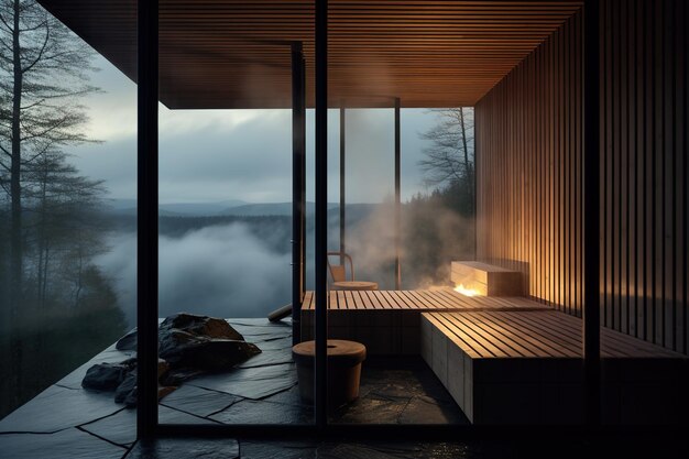 l'intérieur d'un beau sauna en bois dans un chalet