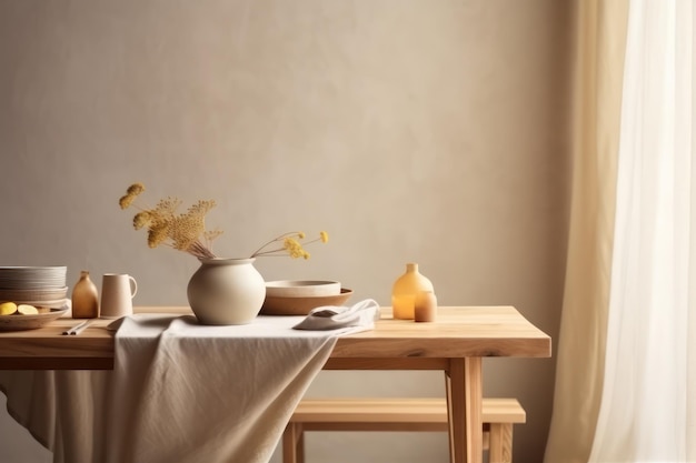 Intérieur beige élégant de la salle à manger avec table en bois design et vase à fleurs