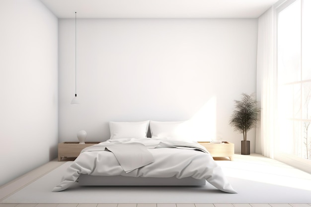 Intérieur de la belle chambre à coucher moderne avec lit devant le mur Generative AI