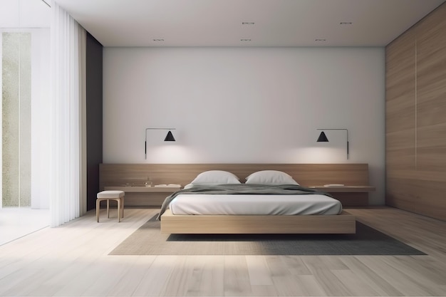 Intérieur d'une belle chambre à coucher moderne avec un lit devant le mur rendu 3D IA générative