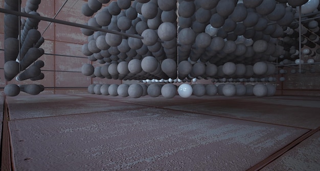Intérieur en béton architectural abstrait à partir d'un tableau de sphères avec de grandes fenêtres 3D