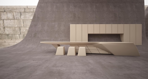Intérieur en béton architectural abstrait d'une villa moderne Illustration et rendu 3D