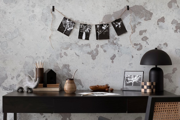 Intérieur en béton du bureau à domicile avec lampe d'image de bureau noir et accessoires de bureau Mur en béton gris Modèle de décoration à la maison