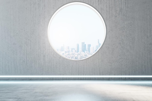 Intérieur en béton moderne et créatif avec fenêtre ronde et vue sur la ville Maquette sur le mur et la lumière du jour Rendu 3D