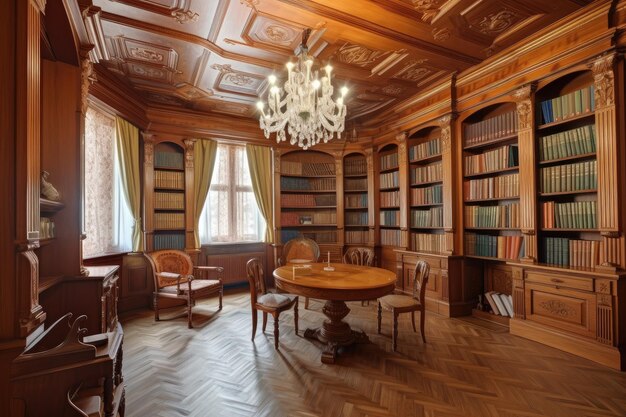 Intérieur de bibliothèque classique avec bibliothèques de mobilier en bois et lustre créé avec une IA générative