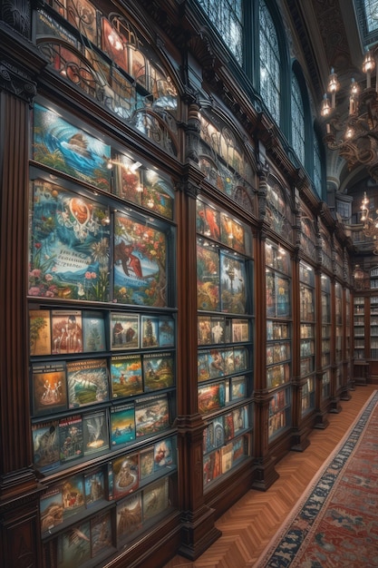 L'intérieur de la bibliothèque est orné de vitraux.
