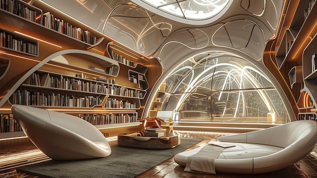 Photo l'intérieur d'une bibliothèque futuriste la pièce est remplie d'étagères et de sièges confortables une grande fenêtre offre une vue sur la ville