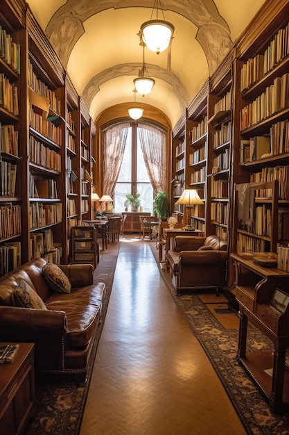 Intérieur de la bibliothèque universitaire avec des étagères créées avec une IA générative