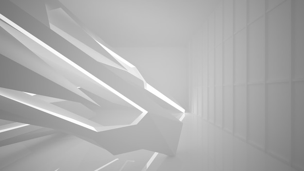 Intérieur blanc abstrait du futur avec illustration et rendu 3D d'éclairage au néon