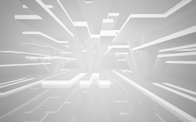 L'intérieur blanc abstrait met en évidence l'illustration et le rendu 3D de l'arrière-plan architectural futur
