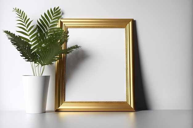 Intérieur blanc avec un cadre vertical doré pour l'art d'une affiche ou d'une photographie