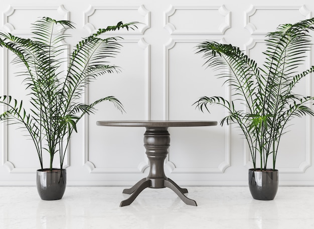 Photo intérieur blanc classique avec une table centrale en bois et des plantes