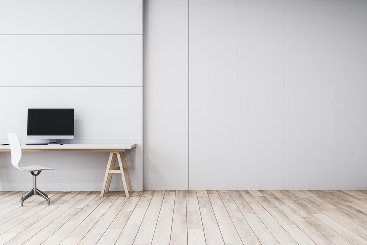 Photo intérieur blanc minimaliste propre avec un poste de travail et un moniteur d'ordinateur mock-up sur le mur et le sol en bois rendering 3d