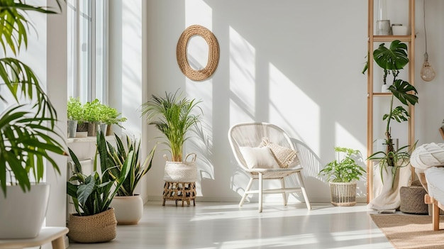 Intérieur blanc avec plantes de chaise en rotin Concept neutre d'intérieur de salon AI Generative