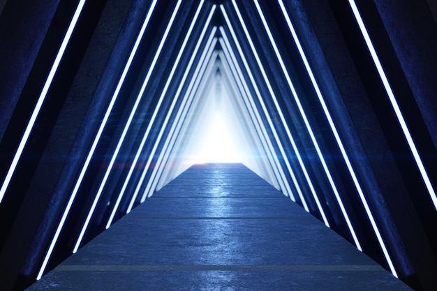 Intérieur bleu abstrait avec couloir triangle lumineux