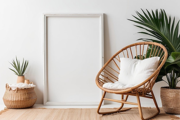 L'intérieur boho tropical exotique est une nature morte. Modèle de cadre d'image vertical blanc blanc sur une chaise en rattan.