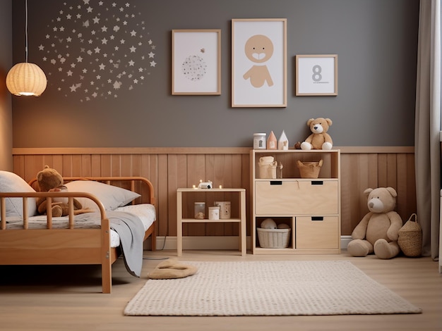 Photo intérieur en bois imaginatif dans une chambre d'enfant avec un design unique ai generation