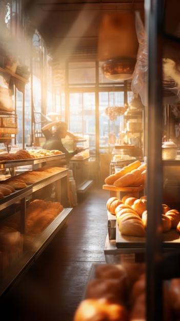 L'intérieur de la boulangerie est flou.