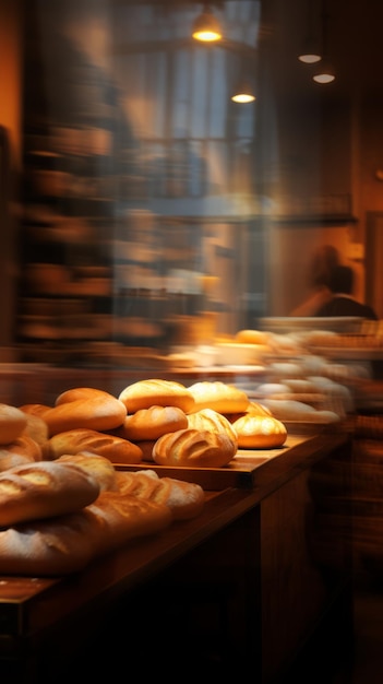 L'intérieur de la boulangerie est flou.