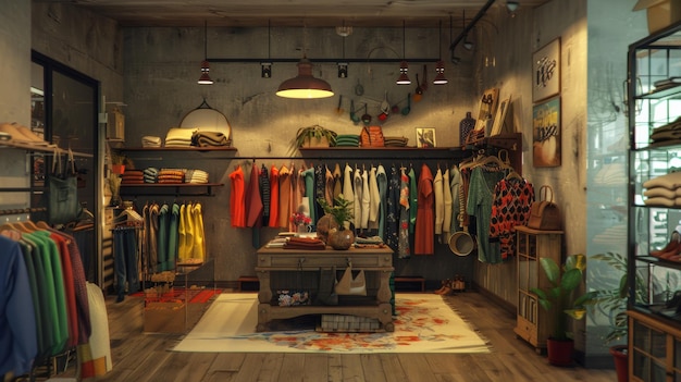 Intérieur de boutique confortable avec des vêtements et des accessoires sur des étagères et des rayons en bois