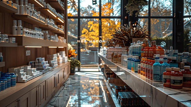 L'intérieur d'une boutique sereine baigné de lumière naturelle présentant des produits respectueux de l'environnement sur des étagères en bois.