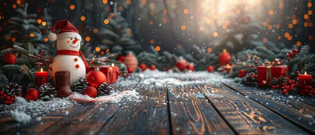 Photo intérieur avec des branches décoratives homme de neige cadeaux de botte de père noël et canes de bonbons sur des planches de bois fond composition d'hiver du nouvel an