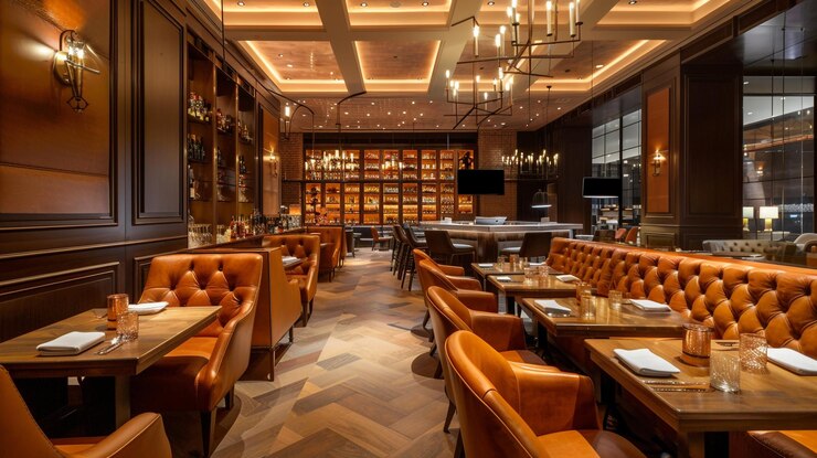 Photo intérieur de la brasserie avec des banquets en cuir et un salon de whisky