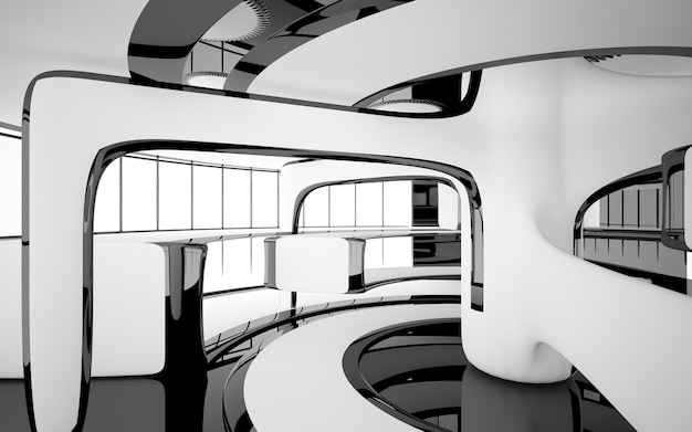Intérieur brillant abstrait blanc et noir architectural lisse d'une maison minimaliste avec grande fenêtre