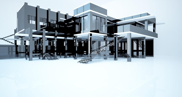 Intérieur brillant blanc et noir architectural abstrait d'une maison minimaliste avec de grandes fenêtres 3D