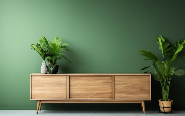 Intérieur avec buffet en bois et plantes sur fond vert IA générative