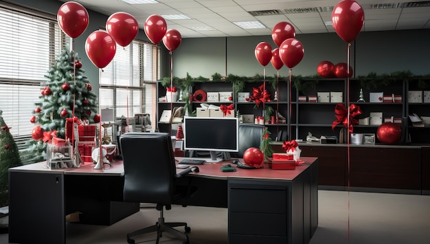 Intérieur de bureau avec arbre de Noël et décorations