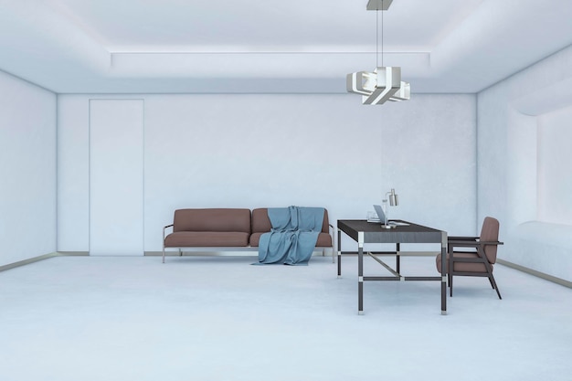 Intérieur de bureau blanc clair avec mobilier et équipement Concept de lieu de travail Rendu 3D