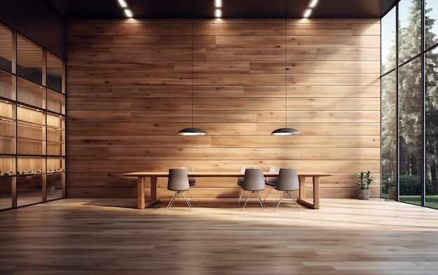 Intérieur d'un bureau en bois moderne avec des murs en bois, des rangées de tables d'ordinateur sur le sol en bois