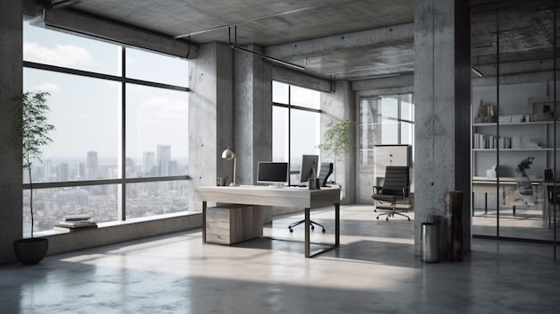 Intérieur de bureau en brique blanche avec un sol en béton, un fragment de mur vierge et un ordinateur