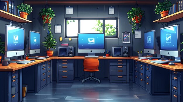 Photo intérieur de bureau de classe avec un bureau d'ordinateur tv et fenêtres illustration de dessin animé école intérieur de bureau moderne avec un bureau de ordinateur télévision et fenêtre illustration de cartoon