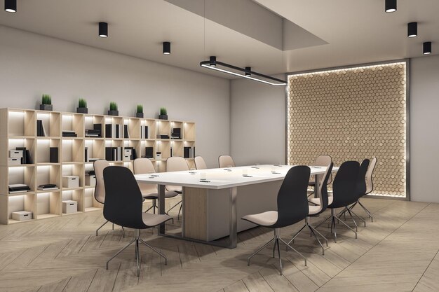 Intérieur de bureau de conférence contemporain avec des livres sur étagère Concept d'affaires et de travail d'équipe Rendering 3D