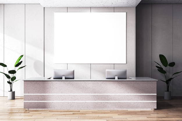 Intérieur de bureau contemporain en bois et en béton avec un bureau de réception de bannière blanche vide et de la lumière du soleil Rendering 3D