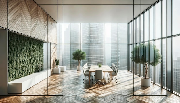 Intérieur de bureau contemporain avec des fenêtres panoramiques au sol en bois et la lumière du jour